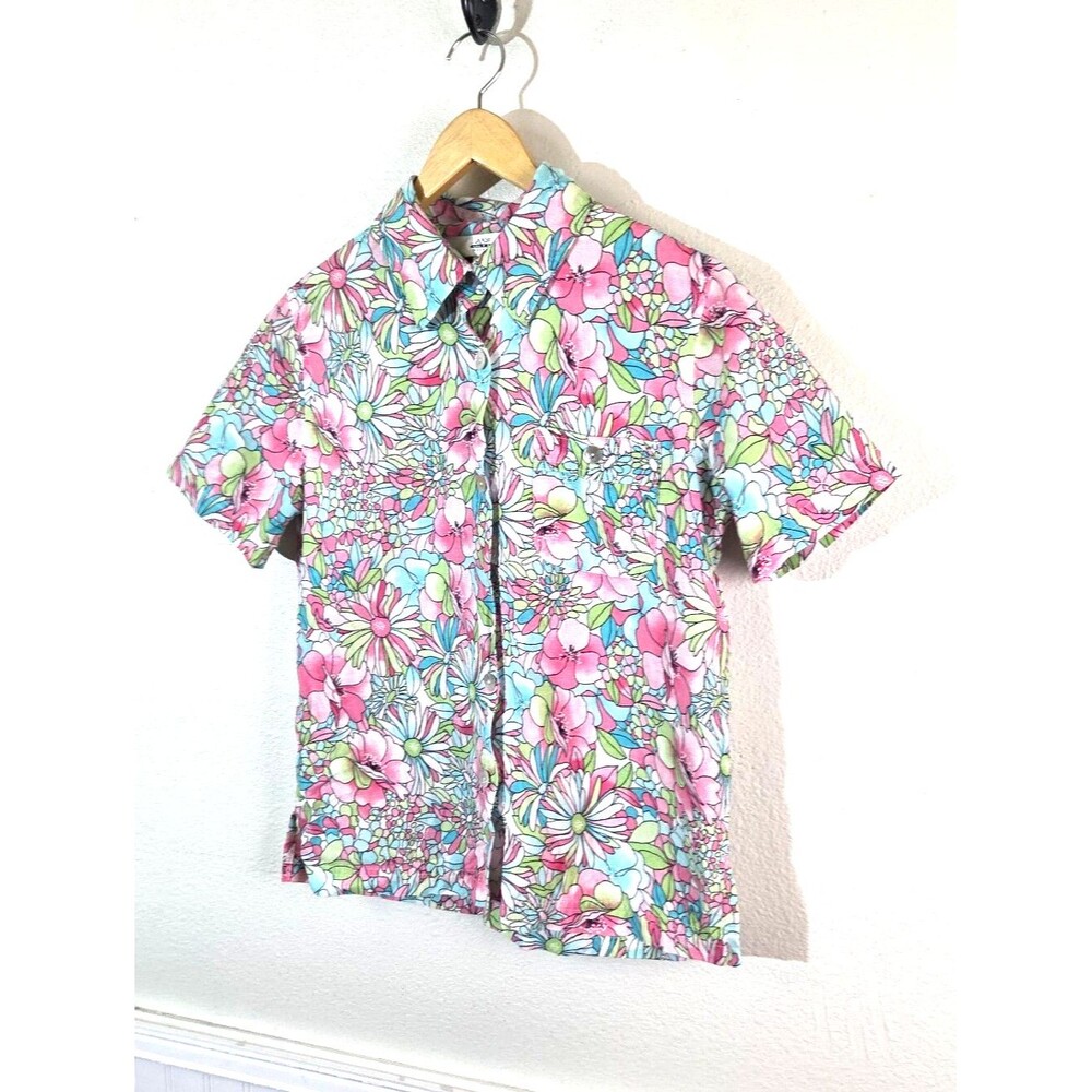 Vintage AKS Sport Amy K Su Floral Shirt Sz S 100% Tencel Resort Hawaiian Pastel